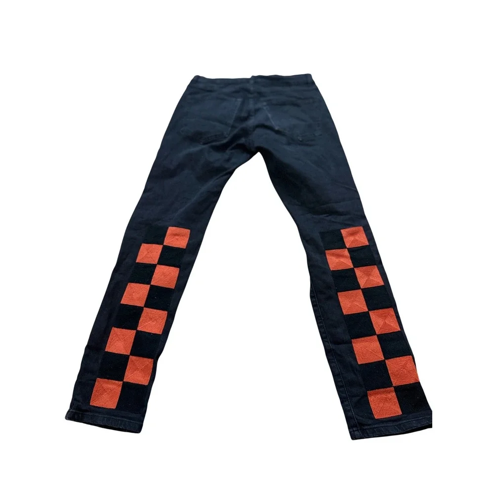 Off-White Slim Fit Black Denim Jeans Orange Checkered Patch Distressed Mens 30